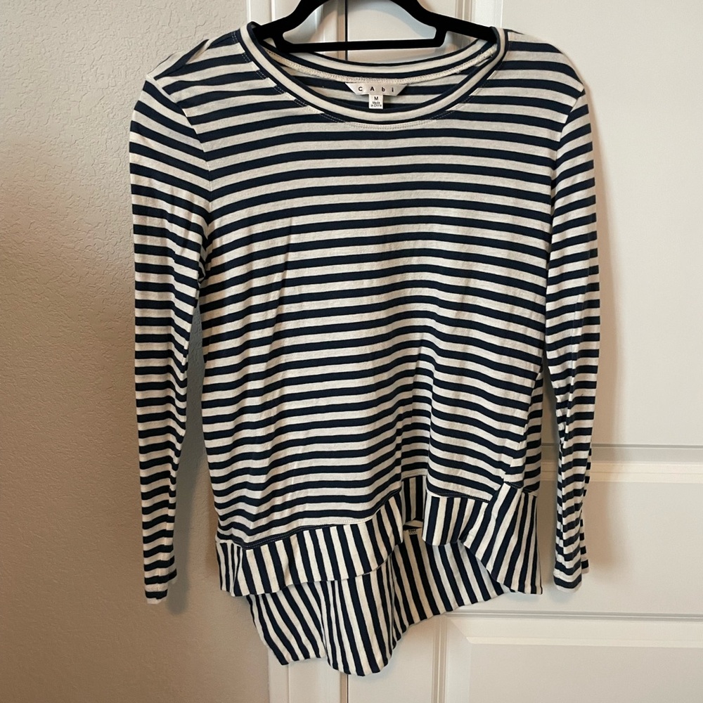 Cabi Navy Bengal Stripe Asymmetrical Top